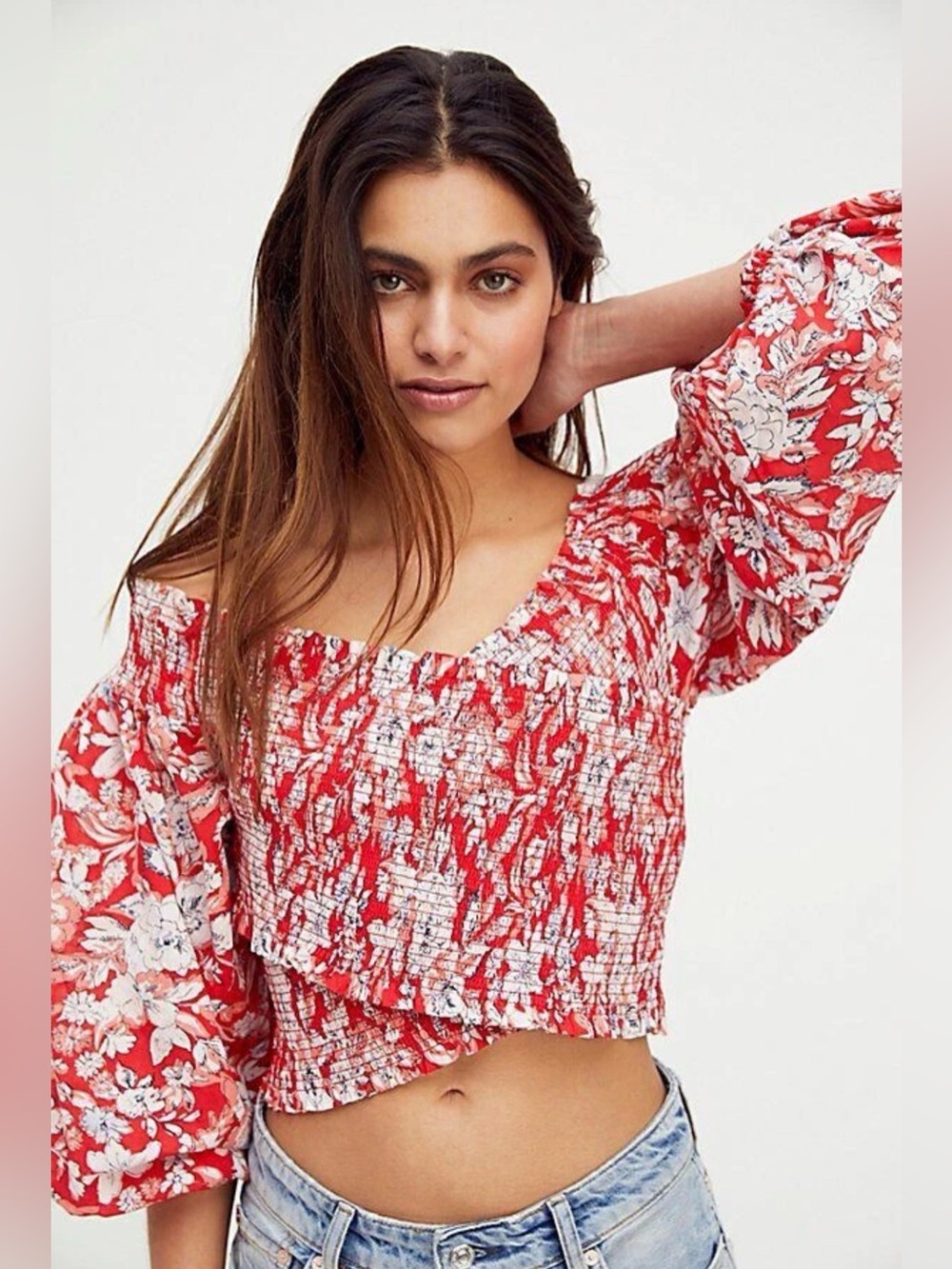 Free People East to West Smocked Top Floral Off Shoulder Balloon Sleeve Medium